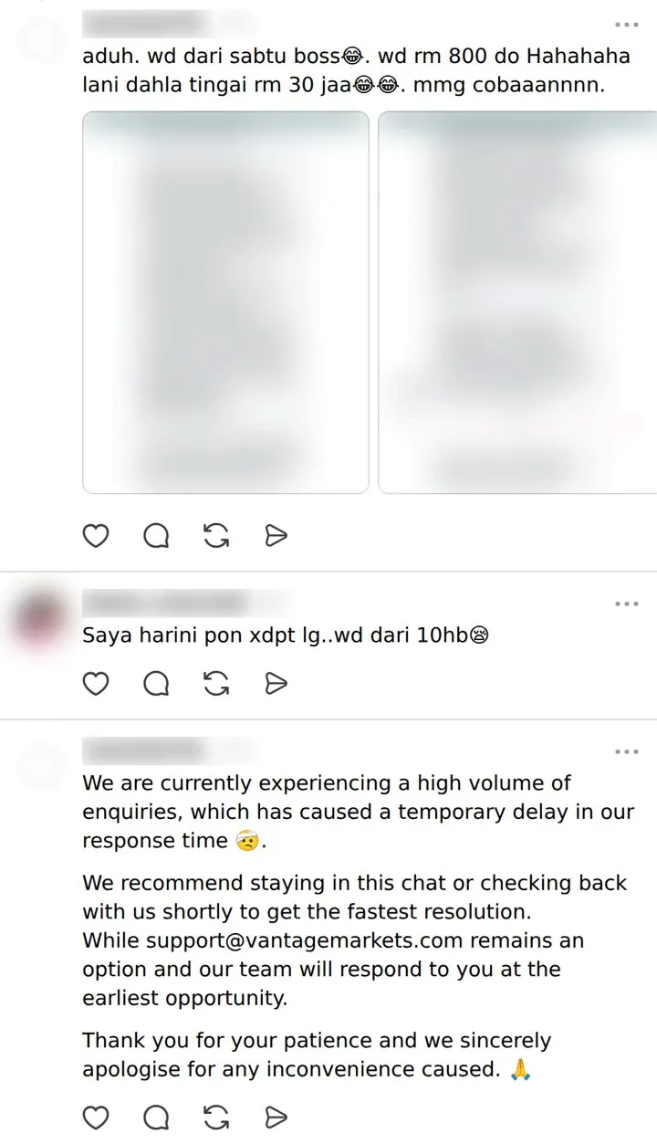 Still waiting: an RM800 withdrawal from Saturday, one from Oct. 10, and a support reply about a high volume of enquiries.